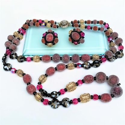 Picture of Rare Hobe Purple & Black Art Glass Necklace & Clip-On Earring Set