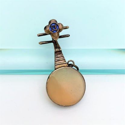 Picture of Rare Chinese Export Gilt Silver Charm With Jade & Blue Enamel In The Shape Of A Zhongruan (Chinese Mandolin)