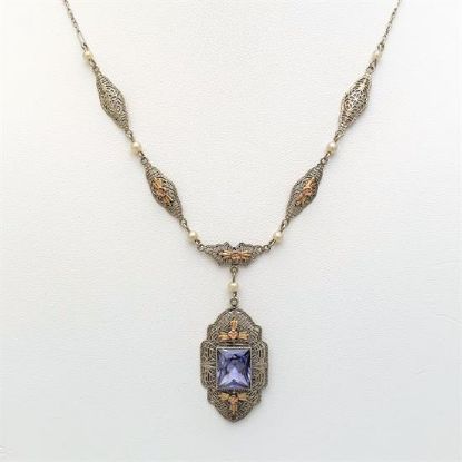 Picture of 1920'S 10K White, Rose & Yellow Gold Filigree Necklace With Pearls & Purple Czech Glass