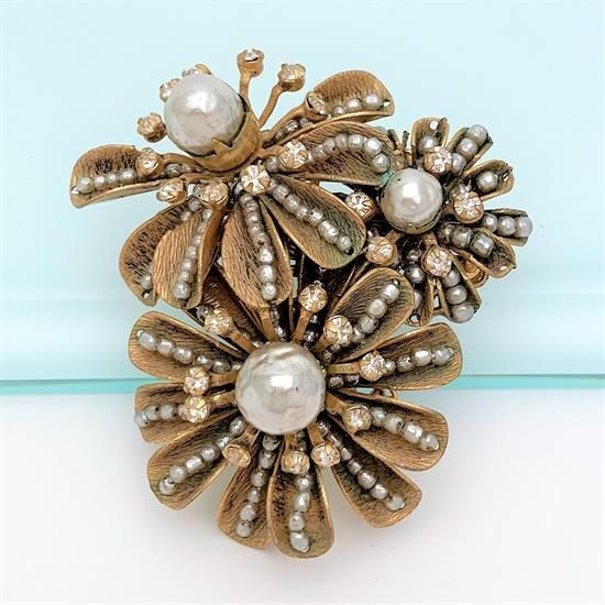 Picture of Vintage Miriam Haskell Triple Flower Brooch With Faux Pearl & Rhinestone Accents