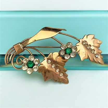 Picture of Unsigned 1940'S Gilt Sterling Silver (Tested) Flower Brooch Set With Green & Clear Rhinestones