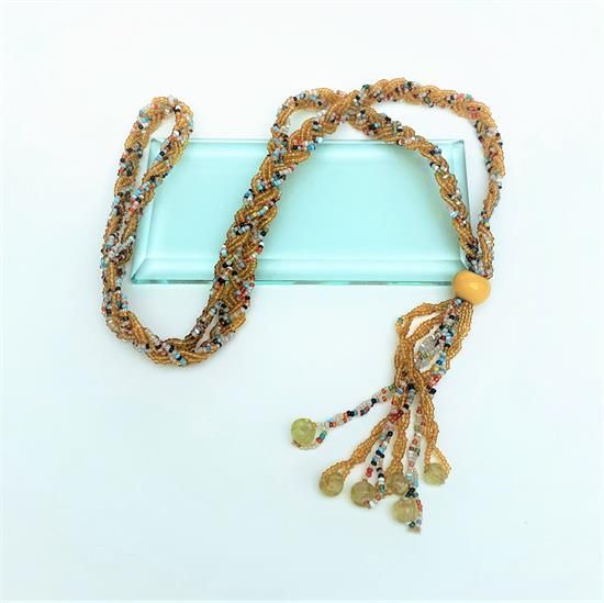 Picture of 1920'S Braided Glass Seed Bead Necklace With Tassels & Art Glass Accents