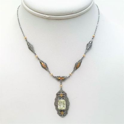 Picture of Art Deco Era 10K White, Yellow & Rose Gold Filigree Necklace With Pearls & Green Czech Glass