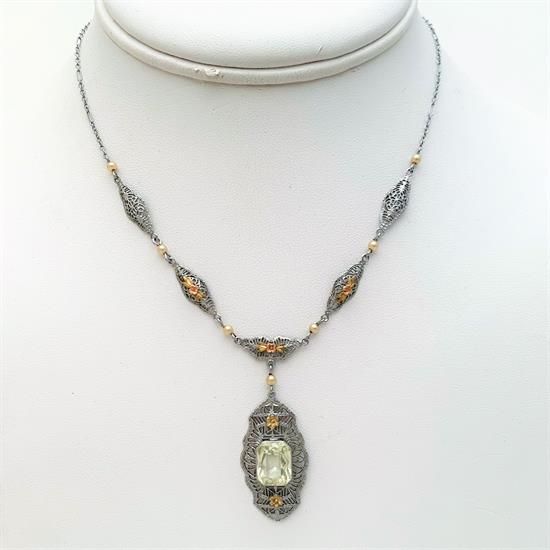 Picture of Art Deco Era 10K White, Yellow & Rose Gold Filigree Necklace With Pearls & Green Czech Glass