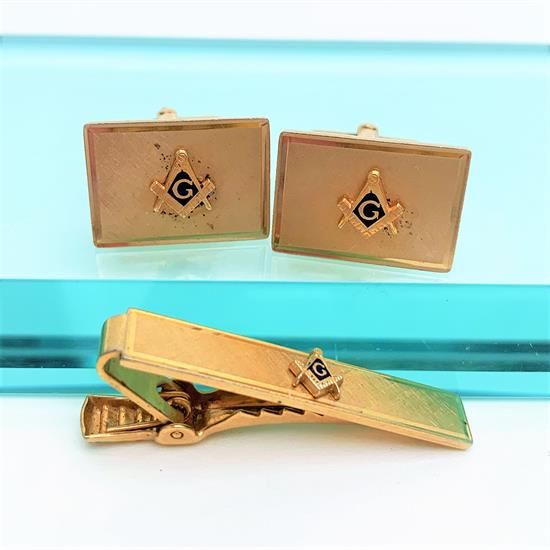 Picture of Vintage Anson Freemason Cufflink And Tie Bar Set With Blue Enamel Detials