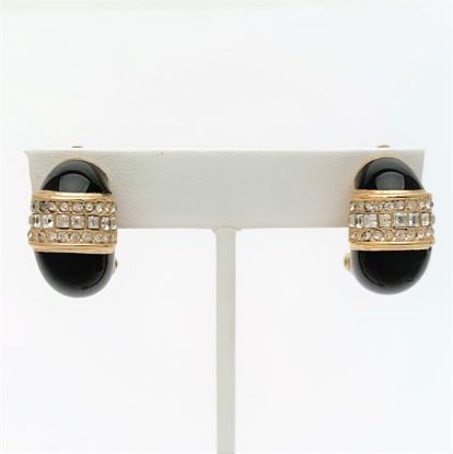Picture of Vintage Signed Christian Dior Black Enamel & Clear Rhinestone Clip-On Earrings