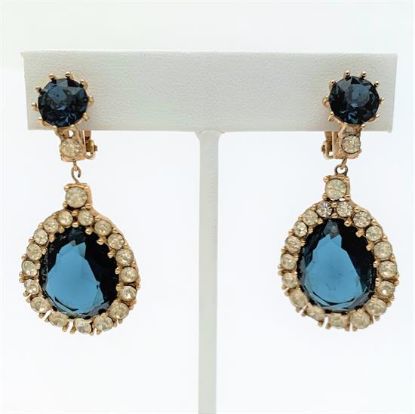 Picture of Vintage Signed Ciner Clear & Sapphire Blue Rhinestone Teardrop Earrings