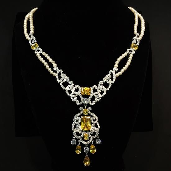 Picture of Qsi Necklaces -,citrine Yellow & Clear Cz With Faux Pearls Double Strand Necklace With Drop. 17" Long, 2.25" Drop