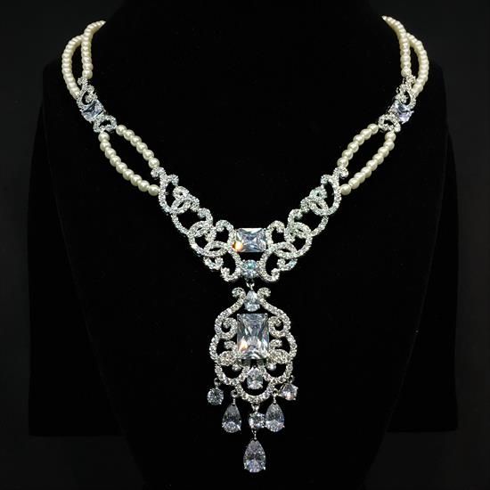 Picture of Cclear Cz & Faux Pearl Double Strand Necklace. 17.5" Necklace With 3" Drop
