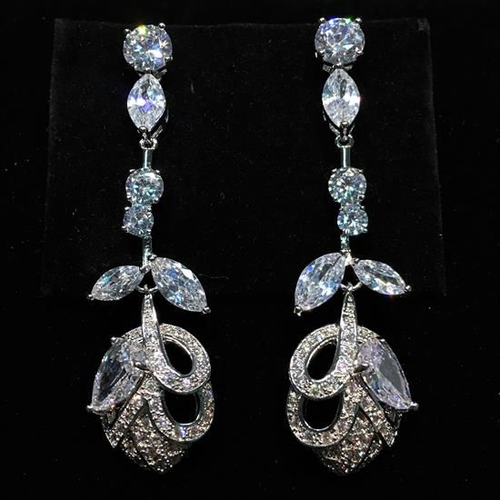 Picture of Qsi Earrings _,clear Cz Long Leaf Dangle Post Back Earrings. 2.35" Long, .65" Wide