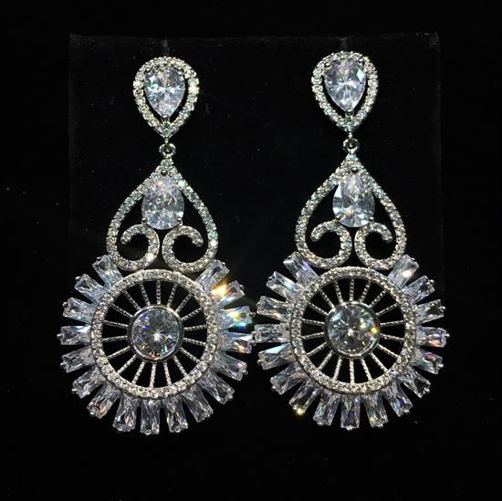 Picture of Qsi Earrings _,clear Cz Large Stylized Wheel Dangle Post Back Earrings. 2.2" Long, 1.15" Wide