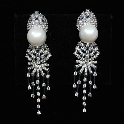 Picture of Qsi Earrings _,long Clear Cz & Faux Pearl Post Back Earrings Wiht Dangles. 2.25" Long, .55" Wide