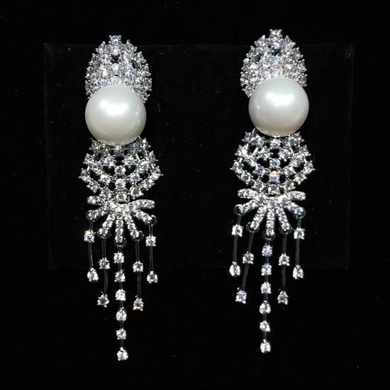 Picture of Qsi Earrings _,long Clear Cz & Faux Pearl Post Back Earrings Wiht Dangles. 2.25" Long, .55" Wide