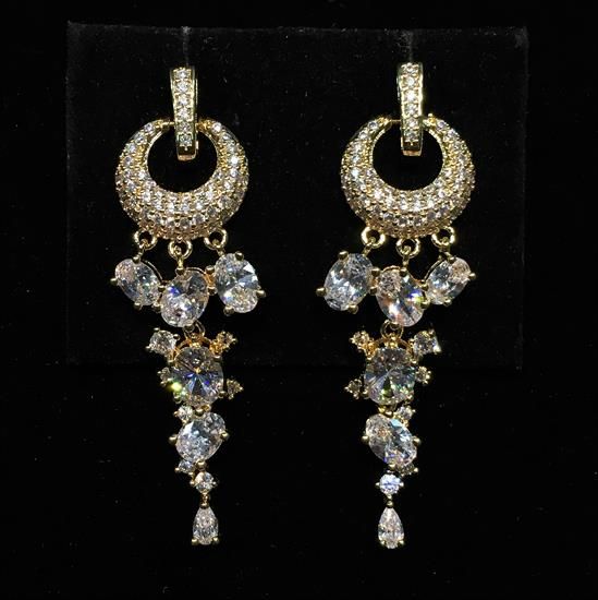 Picture of Qsi Earrings 2 _,clear Cz In Gold Metal Loop Dangle Post Back Earrings. 2.25" Long, .6" Wide