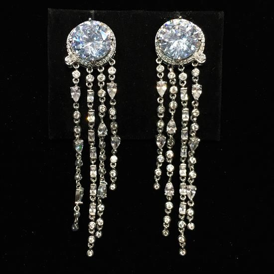 Picture of Qsi Earrings 2 _,clear Large Round Cz Post Back Earrings With Dangles. 2.9" Long, .6" Wide