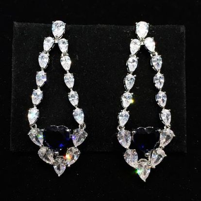 Picture of Qsi Earrings 2 _,clear & Blue Cz Heart Dangle Post Back Earrings. 1.85" Long, .7" Wide