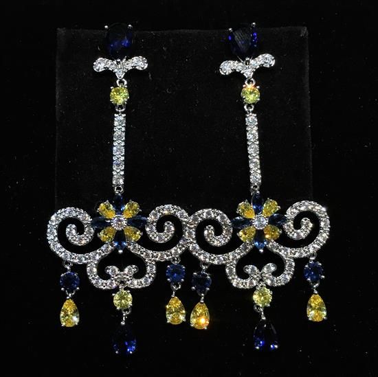 Picture of Qsi Earrings _,clear, Yellow, & Blue Cz Swing Shaped Dangle Post Back Earrings. 2.5" Long, 1.25" Wide