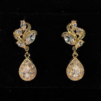 Picture of Qsi Earrings _,clear Cz & Gold Stylized Teardrop Post Back Earrings. 1.2" Long