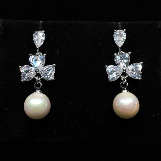 Picture of Qsi Earrings _,clear Cz Hearts & Faux Pearls Post Back Dangle Earrings. 1.1" Long, .4" Wide