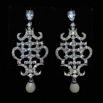 Picture of Qsi Earrings _,clear Cz Oriental Shaped Dangle Earrings With Faux Pearl Drops & Post Backs. 2" Long, .8" Wide