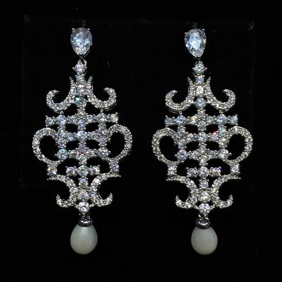 Picture of Qsi Earrings _,clear Cz Oriental Shaped Dangle Earrings With Faux Pearl Drops & Post Backs. 2" Long, .8" Wide