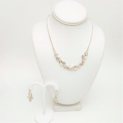 Picture of Qsi Sets -,clear Cz & Glass Pearl Leaves Necklace & Earring Set. Earrings Measure 1.5" Long. Necklace Measures 16"-20" Long