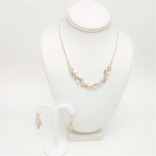 Picture of Qsi Sets -,clear Cz & Glass Pearl Leaves Necklace & Earring Set. Earrings Measure 1.5" Long. Necklace Measures 16"-20" Long