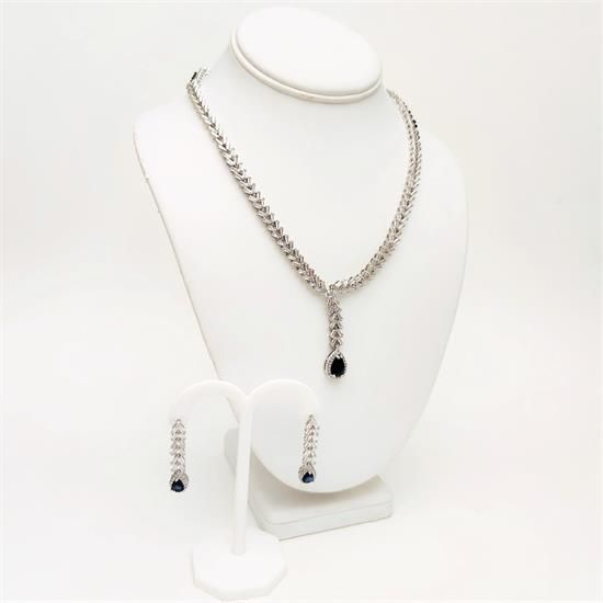 Picture of Qsi Sets -,sapphire Blue & Clear Cz Teardrop Necklace & Earring Set. Earrings Measure 1.5" Long. Necklace Measures 18" Long With 2" Drop