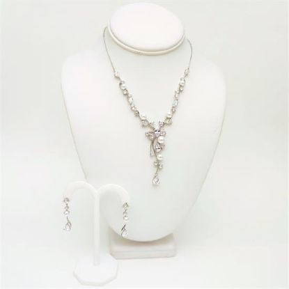 Picture of Qsi Sets -,clear Cz & Glass Pearl Arabesques Necklace & Earring Set. Earrings Measure 1.6" Long. Necklace Measures 15.5"-17.5" Long W/ 2.5" Drop