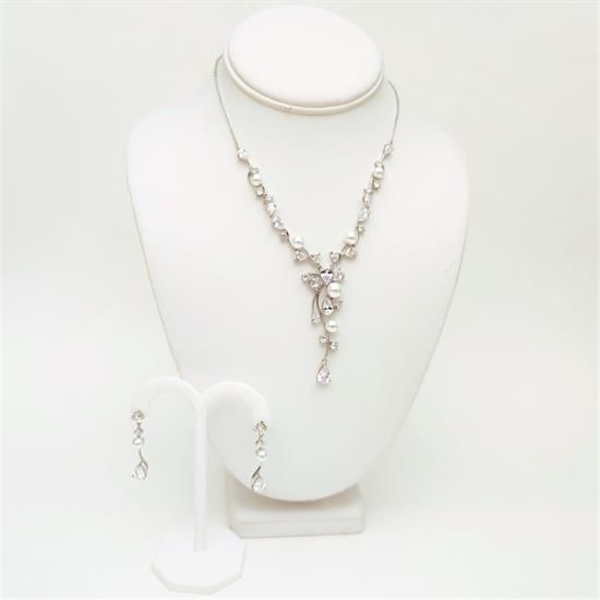 Picture of Qsi Sets -,clear Cz & Glass Pearl Arabesques Necklace & Earring Set. Earrings Measure 1.6" Long. Necklace Measures 15.5"-17.5" Long W/ 2.5" Drop