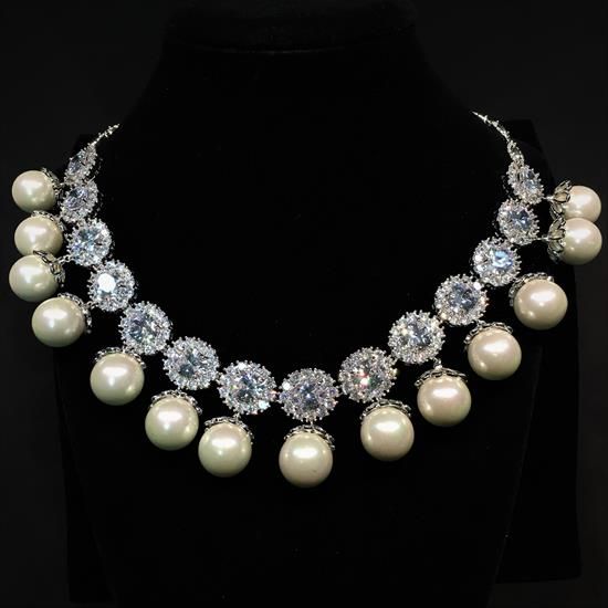 Picture of Qsi Necklaces -,large Faux Pearl & Clear Cz Necklace. 17.75" Necklace. 1.2" Long From Top Of Cz To Bottom Of Pearl