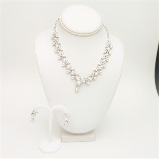 Picture of Qsi Sets -,cz & Glass Pearl Flowers Necklace & Earring Set. Earrings Measure 1.2" Long. Necklace Measures 17" Long With 1.25" Drop