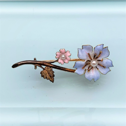 Picture of Late 19Th Century French 18K Gold, Enamel & Pearl Flower Brooch