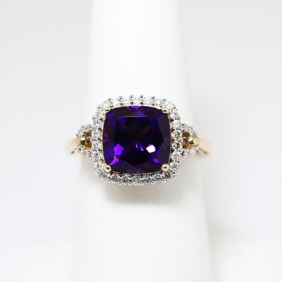 Picture of 14K Yellow Gold Amethyst & Diamond Halo Ring