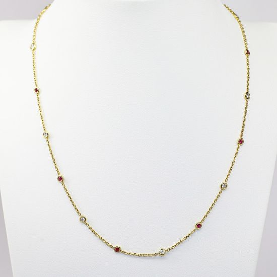 Picture of 18K Yellow Gold Diamond & Ruby Station Necklace