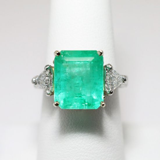 Picture of Platinum Emerald Cut Emerald & Diamond Accented Ring