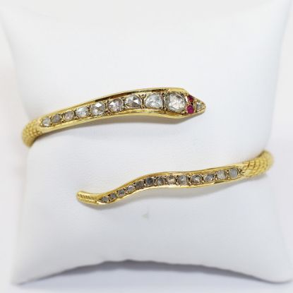 Picture of Antique 22K Yellow Gold Diamond & Ruby Flexible Bangle Snake Bracelet