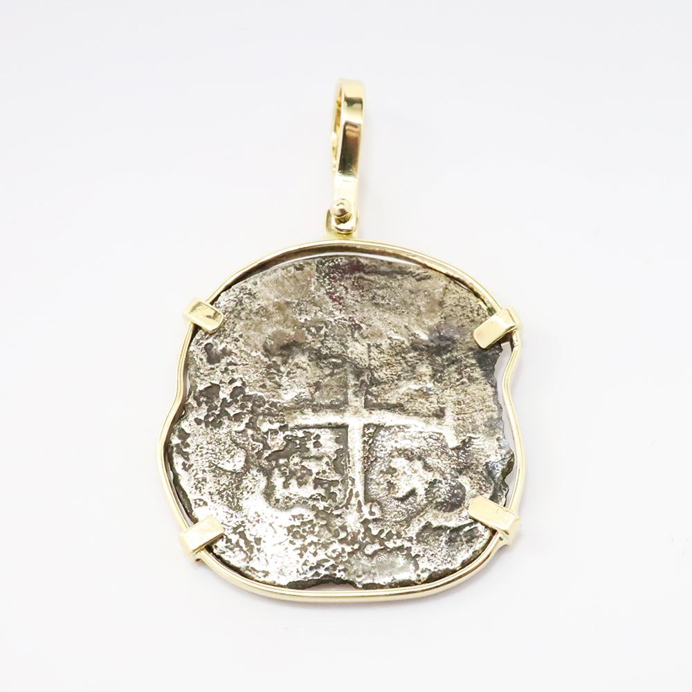 The Silver Queen. 2 Reales Shipwreck Silver Coin Pendant with 14k Yellow Gold Bezel