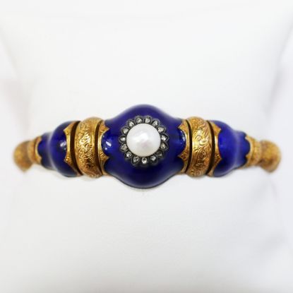 Picture of Victorian Era 14k Gold, Cobalt Blue Enamel, Pearl & Diamond Bracelet