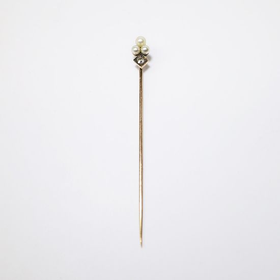 Picture of Victorian Era 10K Gold, Pearl Old Mine Cut Diamond Stick Pin