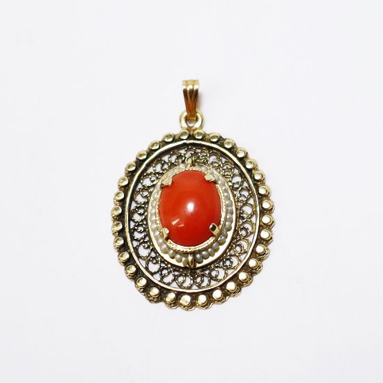 Picture of Antique 14K Gold, Coral & Seed Pearl Pendant