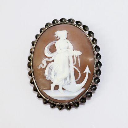 Picture of Rare Victorian Era 14k Gold & Carved Shell Cameo Brooch/Pendant Featuring Woman with Anchor