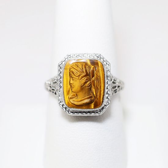 Picture of Art Deco Era 10k White Gold Filigree & Carved Tiger's Eye Cameo Ring