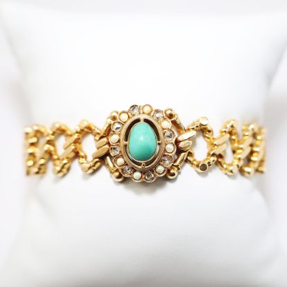 Picture of Antique 585 (14k) Gold European Expansion/Sweetheart Bracelet with Turquoise, Diamond & Pearl Face