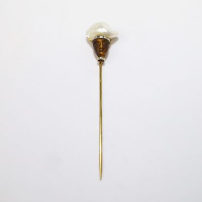 Picture of Vintage 14k Gold, Freshwater Pearl & Carved Tiger's Eye Stick Pin Shaped Like a Man in a Turban