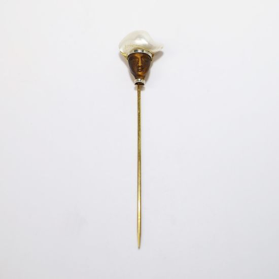 Picture of Vintage 14k Gold, Freshwater Pearl & Carved Tiger's Eye Stick Pin Shaped Like a Man in a Turban