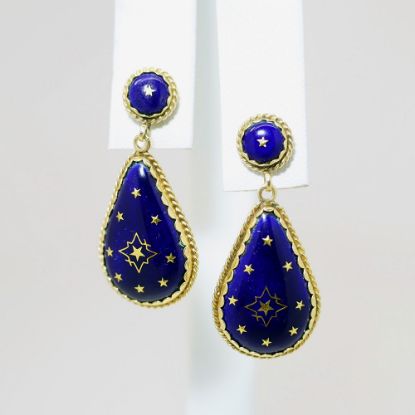 Picture of Vintage 14k Gold & Cobalt Blue Enamel Drop Earrings with Inlaid Gold Stars