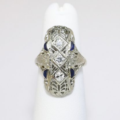 Picture of Art Deco Era 18k White Gold Filigree, Diamond & Synthetic Sapphire Ring