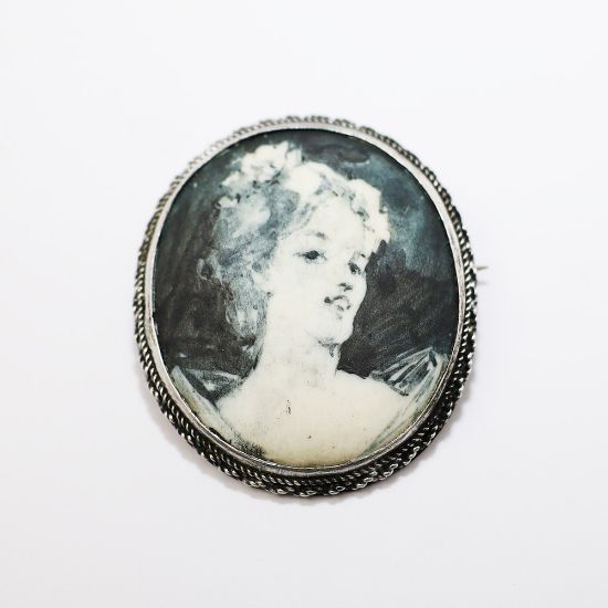 Picture of  Rare & Unusual Lillian Pines (New York) Sterling Silver & Hand Painted Portrait Brooch/Pendant