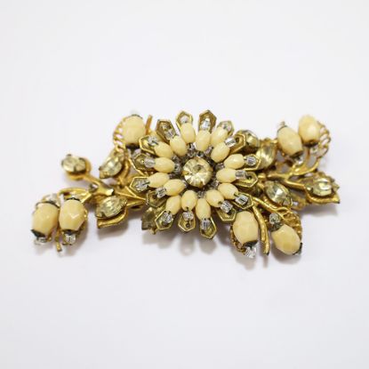 Picture of Vintage Signed Miriam Haskell Gilt Brass, Clear Rhinestone & Peach Bead Flower Brooch